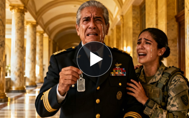 General militar y teniente en pasillo elegante con columnas de mármol, sosteniendo una placa antigua bajo la luz dorada