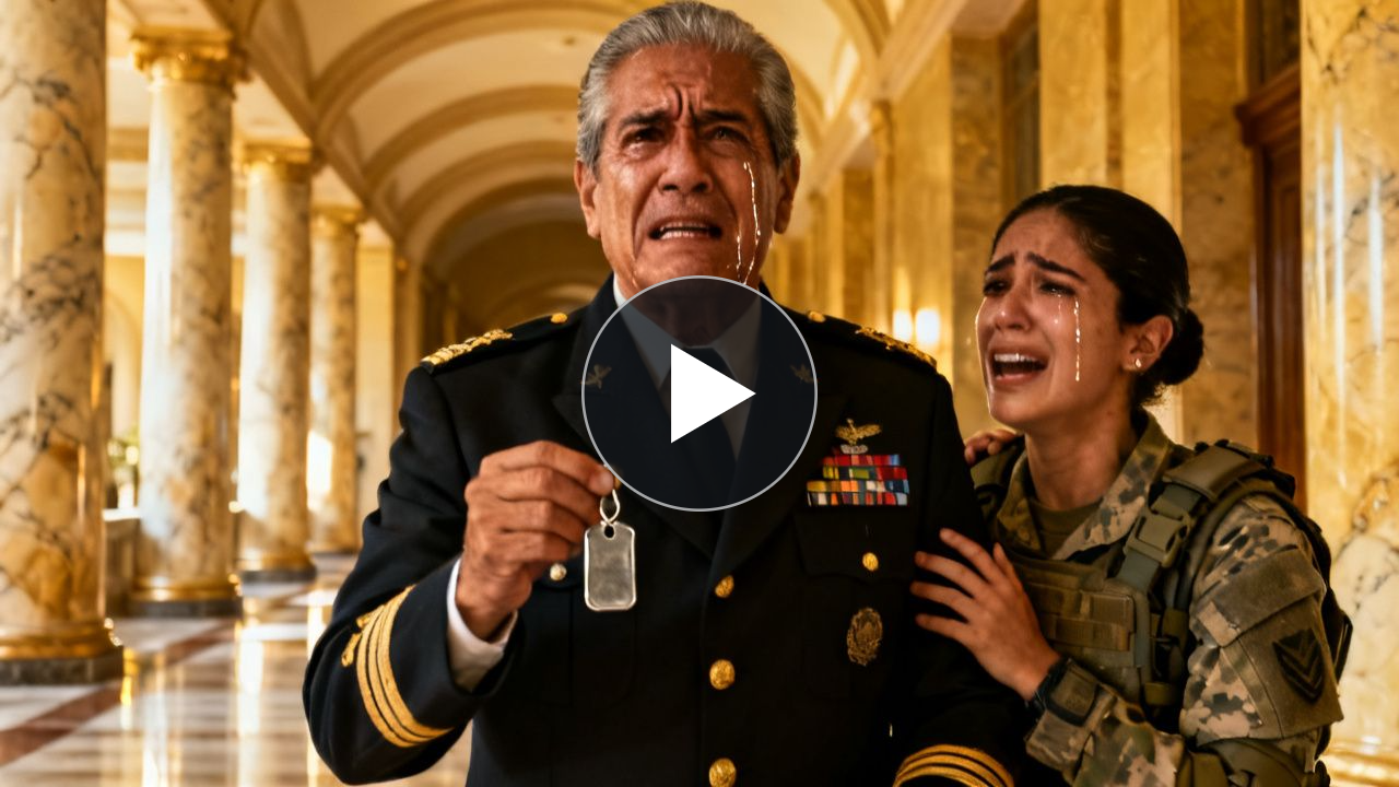 General militar y teniente en pasillo elegante con columnas de mármol, sosteniendo una placa antigua bajo la luz dorada