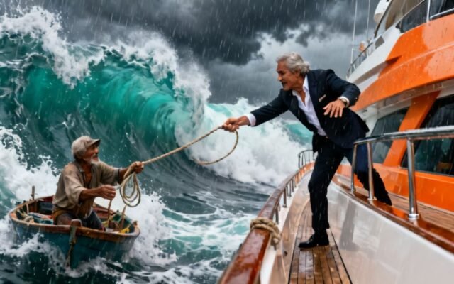 Pescador anciano en bote de madera frente a yate de lujo durante una tormenta en el mar