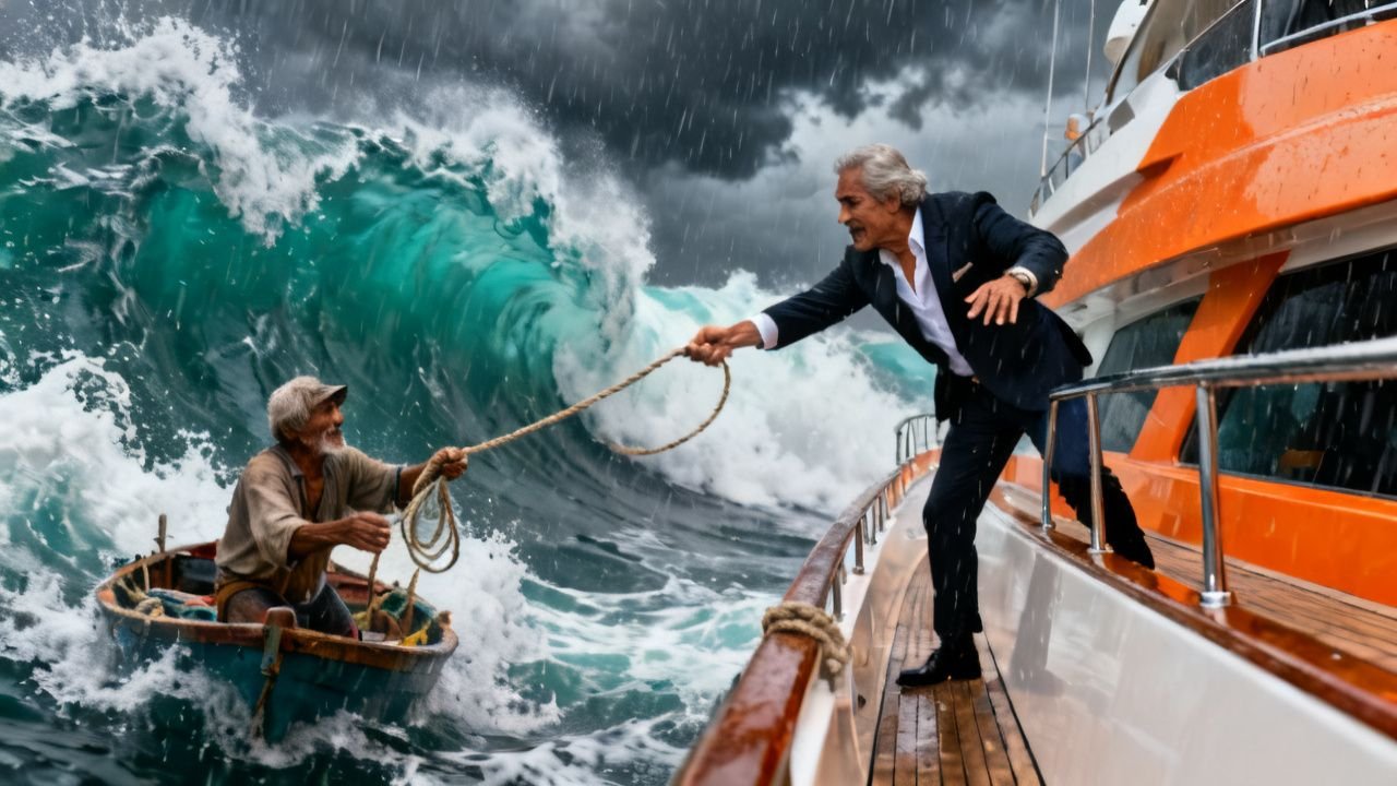Pescador anciano en bote de madera frente a yate de lujo durante una tormenta en el mar