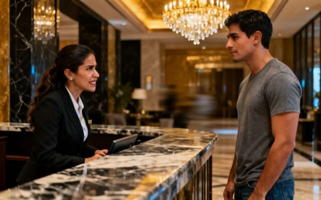 Recepcionista de hotel de lujo mirando con desdén a un hombre de camiseta gris y jeans frente al mostrador del lobby