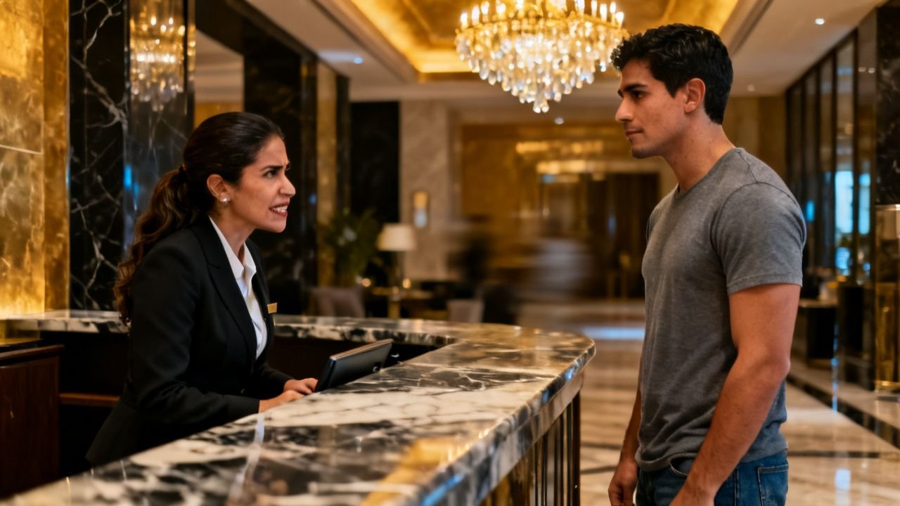 Recepcionista de hotel de lujo mirando con desdén a un hombre de camiseta gris y jeans frente al mostrador del lobby