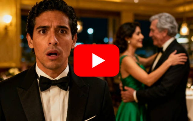 Mujer con vestido verde esmeralda humillada por su esposo de esmoquin en una elegante gala, mientras un hombre canoso se acer