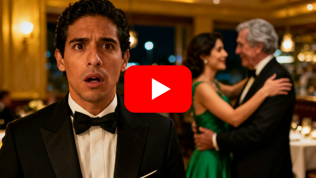 Mujer con vestido verde esmeralda humillada por su esposo de esmoquin en una elegante gala, mientras un hombre canoso se acer