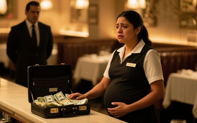 Mesera embarazada sosteniendo un maletín negro con millones en efectivo en el salón privado del restaurante